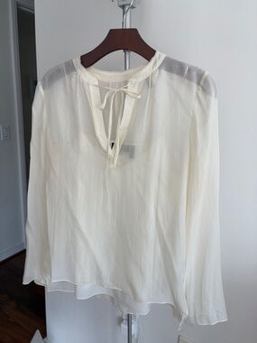 Theory Light Cream Tie-Neck Long-Sleeve Blouse